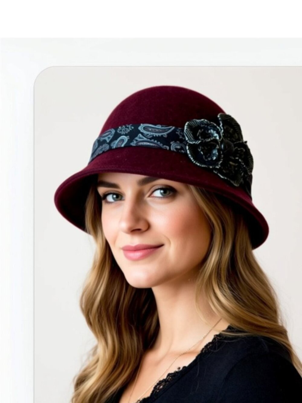 Trixie, Burgundy wool hat with decorative floral patterned side band